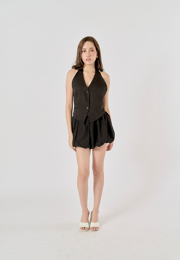 Xylina Black Back Hollow Out Buttons up Halter Vest