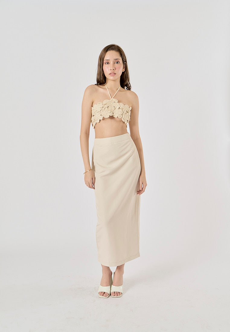 Narelle Beige Zipper Fly Back Slit Midi Skirt