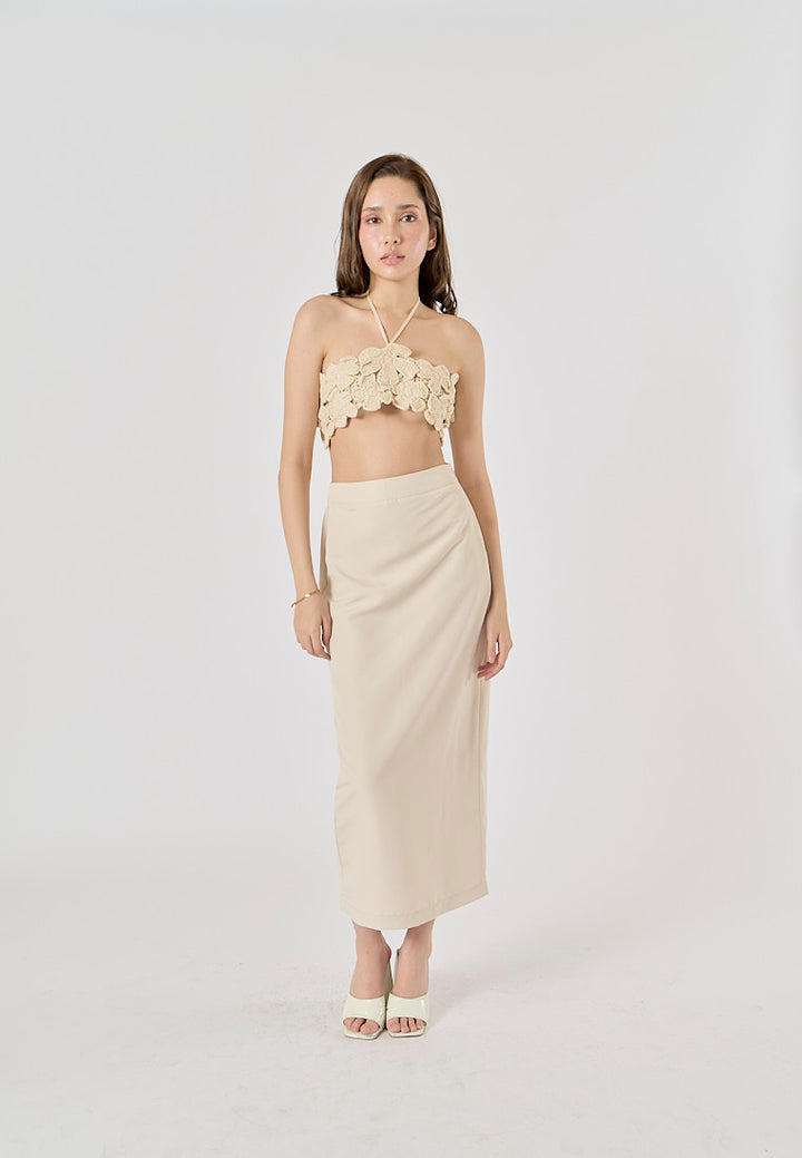 Narelle Beige Zipper Fly Back Slit Midi Skirt