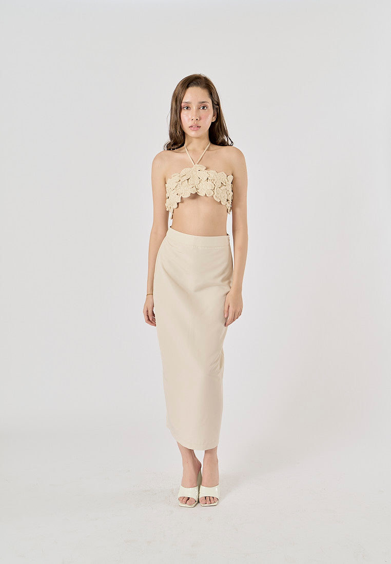 Narelle Beige Zipper Fly Back Slit Midi Skirt