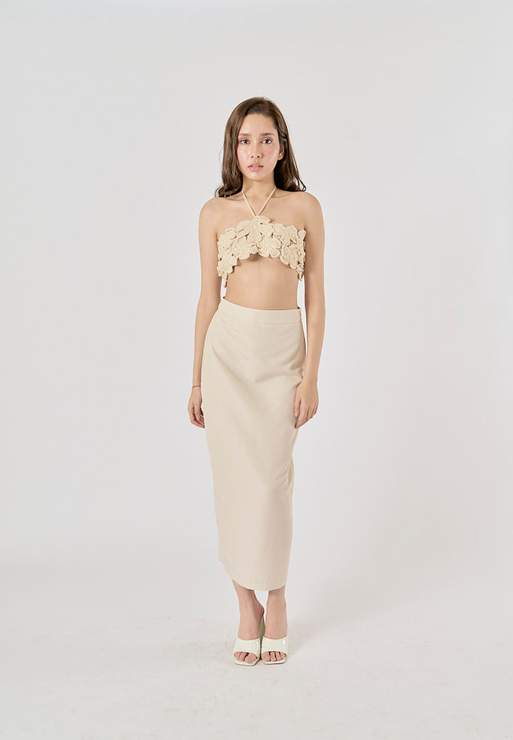 Narelle Beige Zipper Fly Back Slit Midi Skirt
