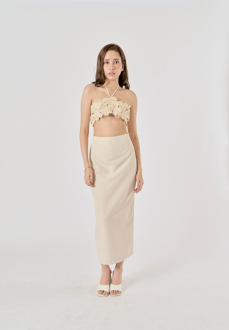 Narelle Beige Zipper Fly Back Slit Midi Skirt