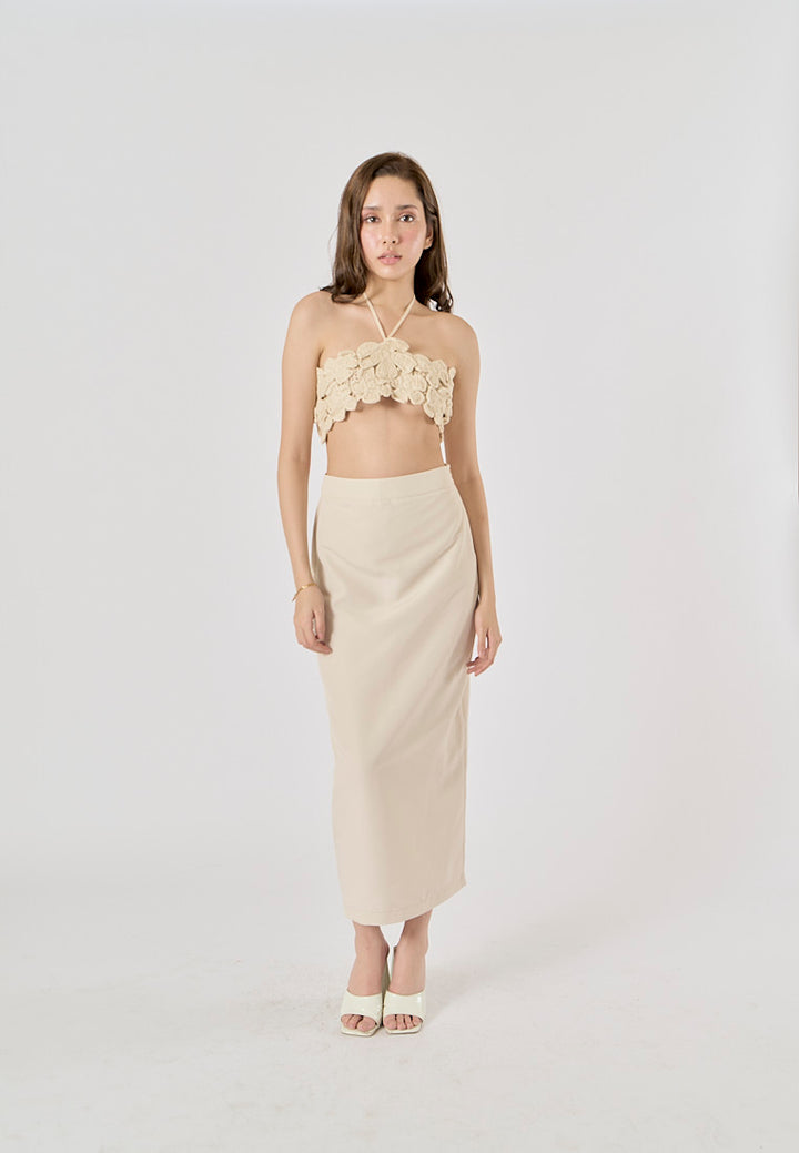 Narelle Beige Zipper Fly Back Slit Midi Skirt