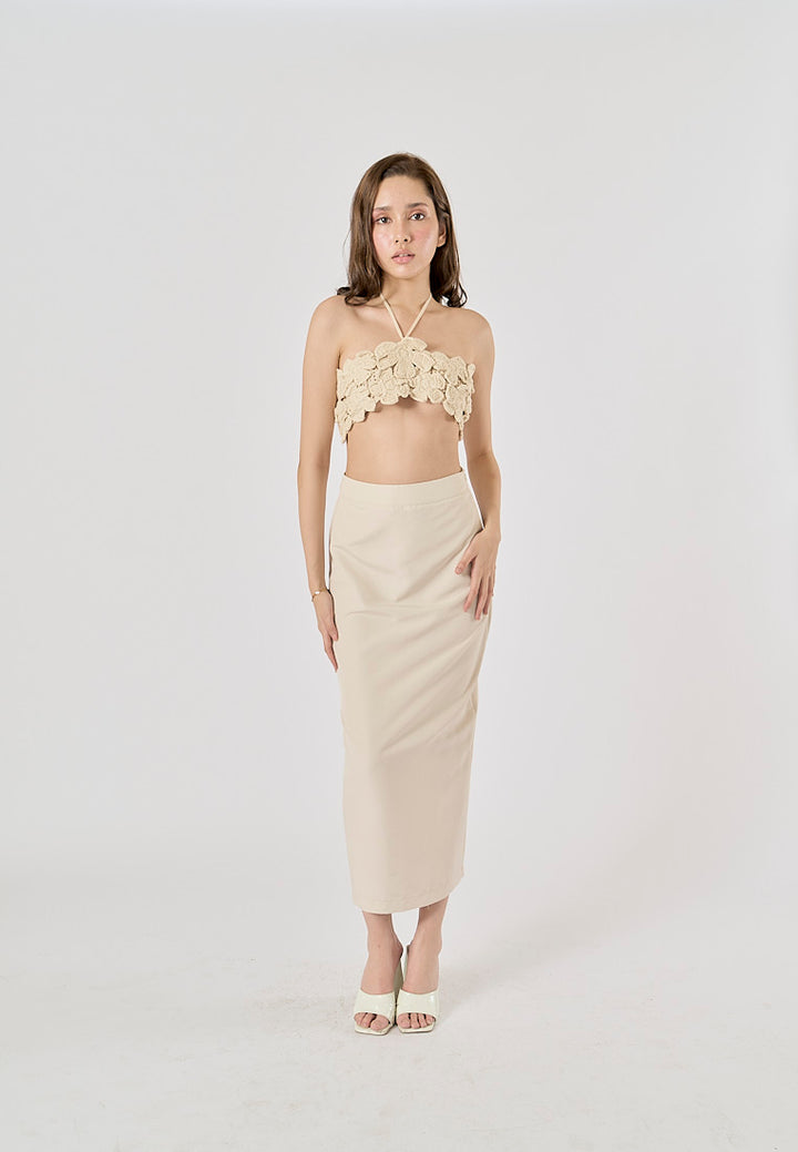 Narelle Beige Zipper Fly Back Slit Midi Skirt