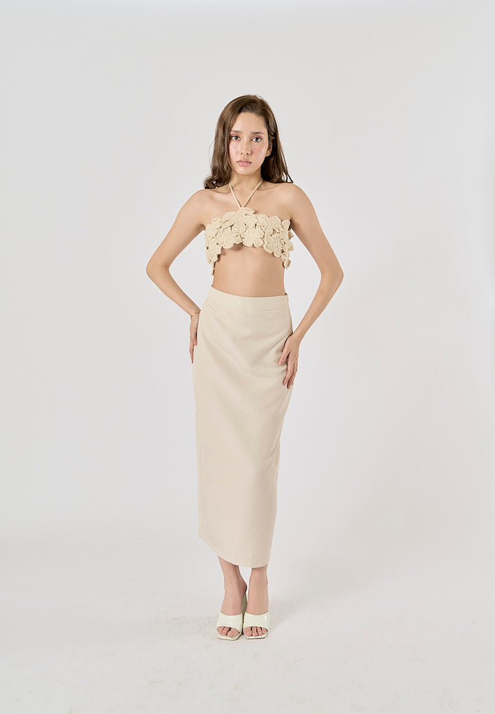 Narelle Beige Zipper Fly Back Slit Midi Skirt