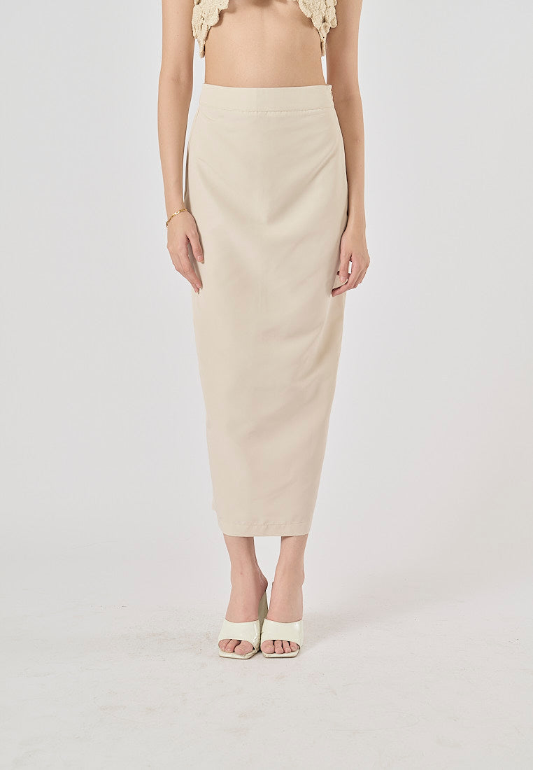 Narelle Beige Zipper Fly Back Slit Midi Skirt