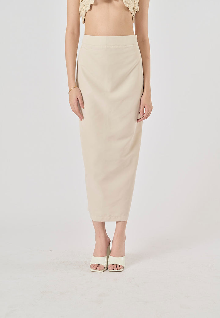 Narelle Beige Zipper Fly Back Slit Midi Skirt