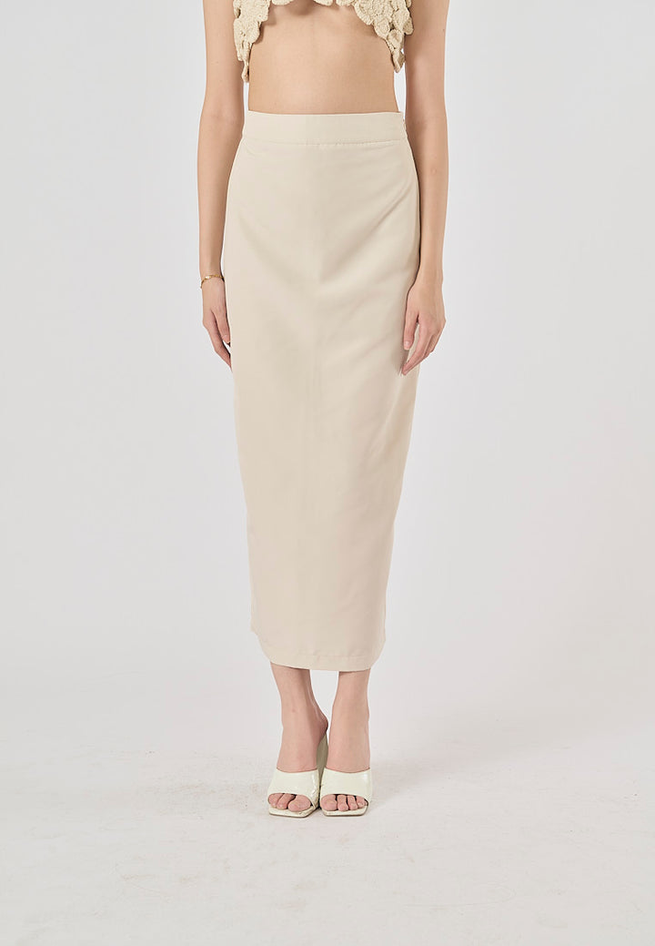 Narelle Beige Zipper Fly Back Slit Midi Skirt