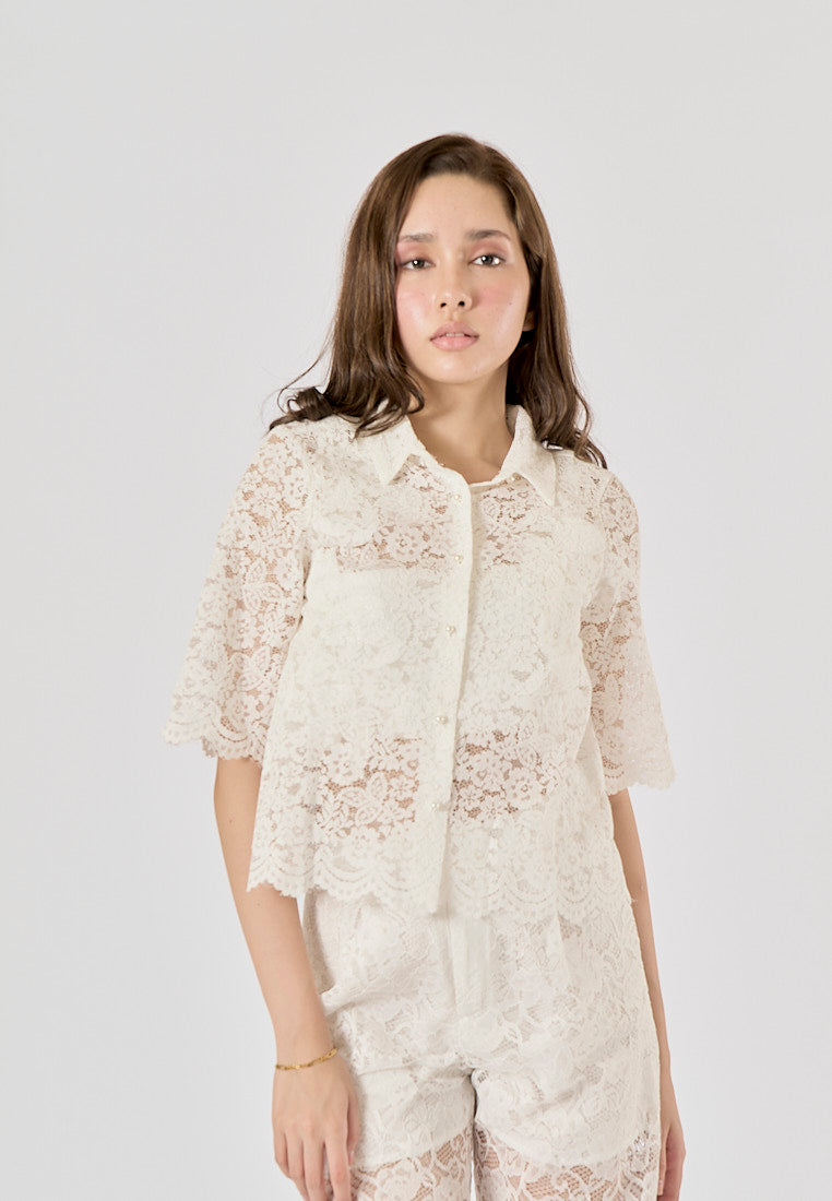 Maliah White Turn Down Collar Short Sleeve Floral Lace Top