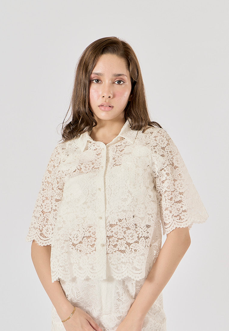 Maliah White Turn Down Collar Short Sleeve Floral Lace Top