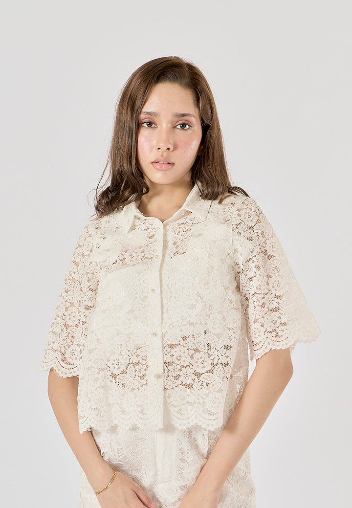 Maliah White Turn Down Collar Short Sleeve Floral Lace Top
