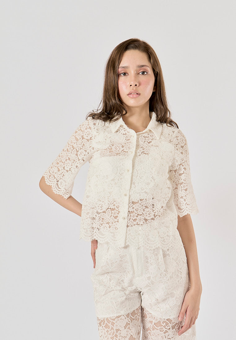 Maliah White Turn Down Collar Short Sleeve Floral Lace Top