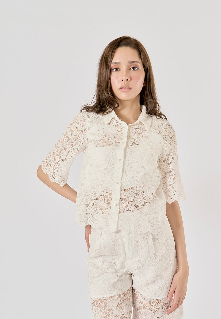 Maliah White Turn Down Collar Short Sleeve Floral Lace Top