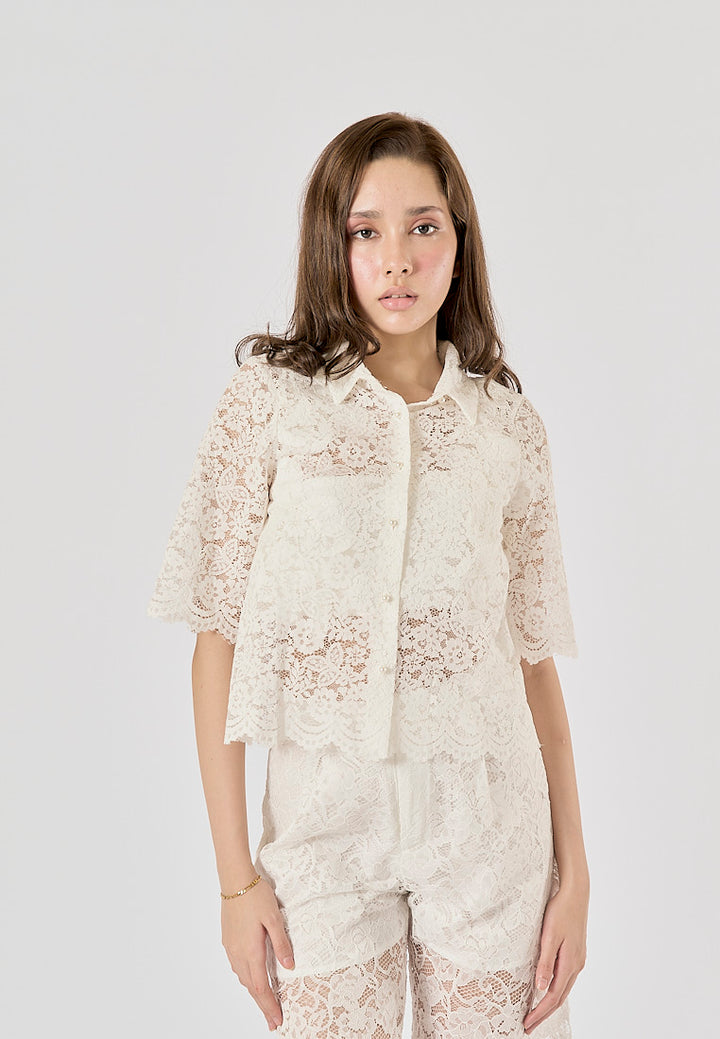 Maliah White Turn Down Collar Short Sleeve Floral Lace Top