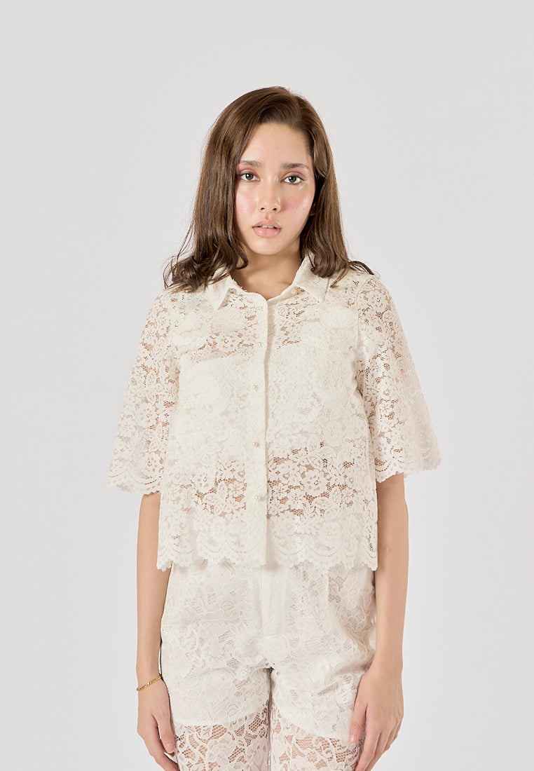Maliah White Turn Down Collar Short Sleeve Floral Lace Top