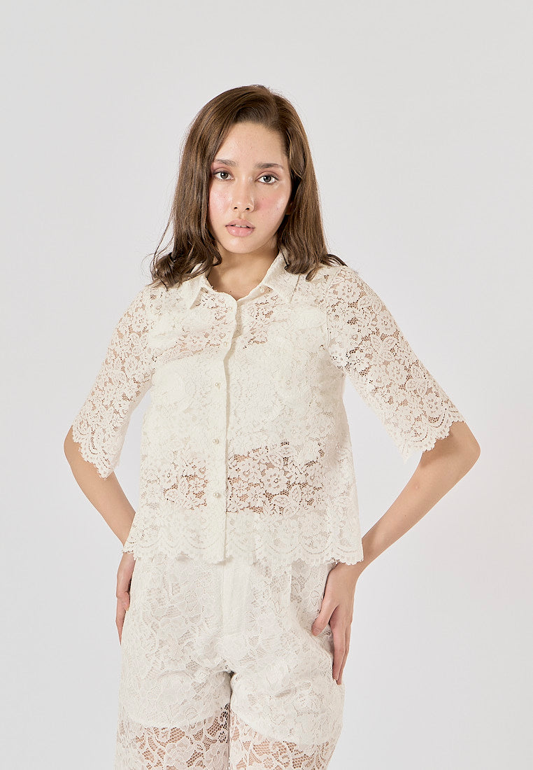 Maliah White Turn Down Collar Short Sleeve Floral Lace Top
