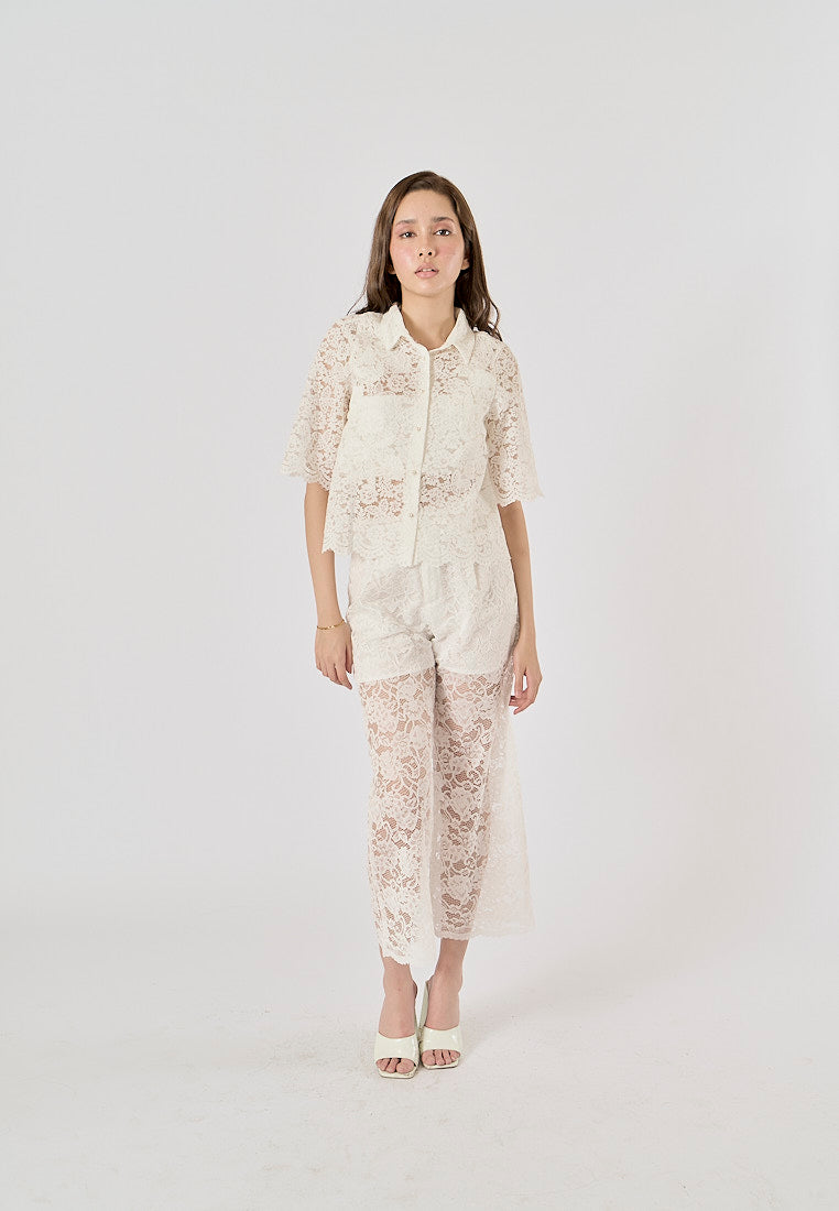 Maliah White Turn Down Collar Short Sleeve Floral Lace Top
