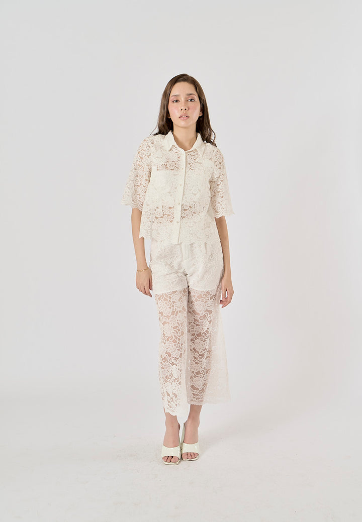 Maliah White Turn Down Collar Short Sleeve Floral Lace Top