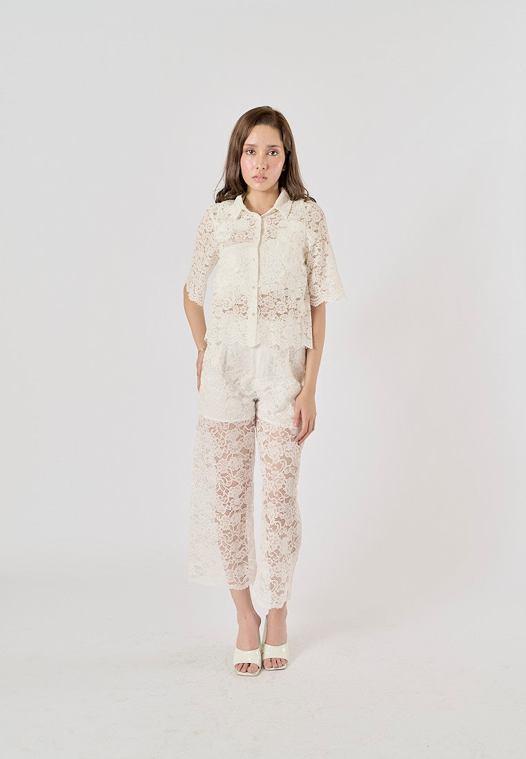 Maliah White Turn Down Collar Short Sleeve Floral Lace Top