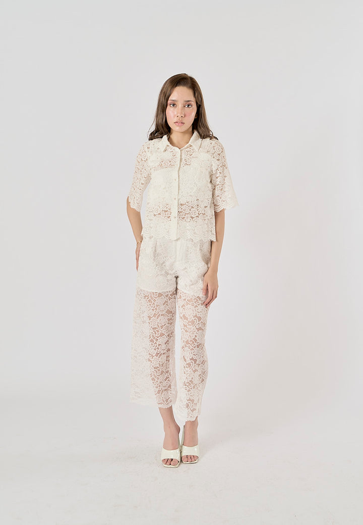 Maliah White Turn Down Collar Short Sleeve Floral Lace Top