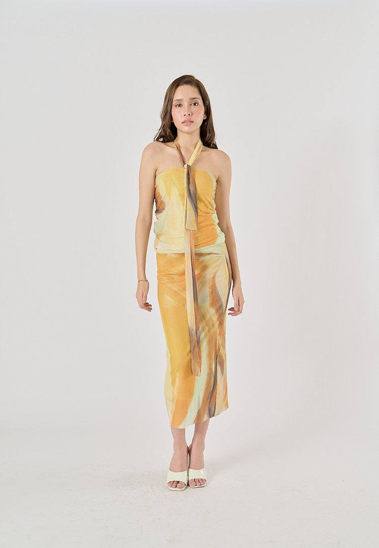 Izzy Yellow Tie-Dye Scarf Details Ruched Tube Top