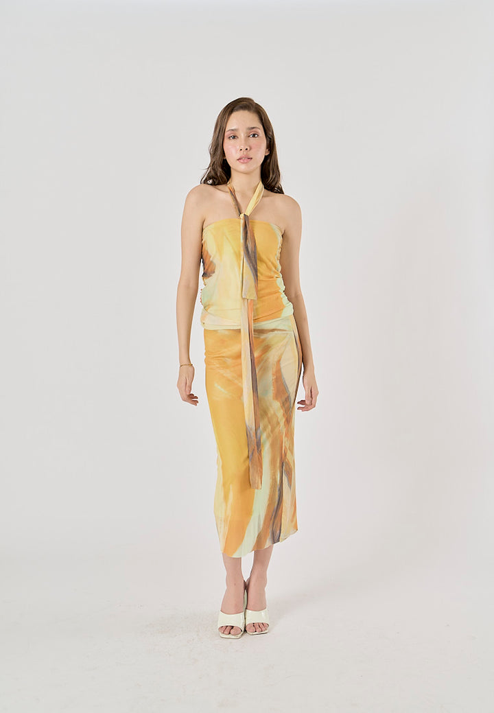 Izzy Yellow Tie-Dye Scarf Details Ruched Tube Top