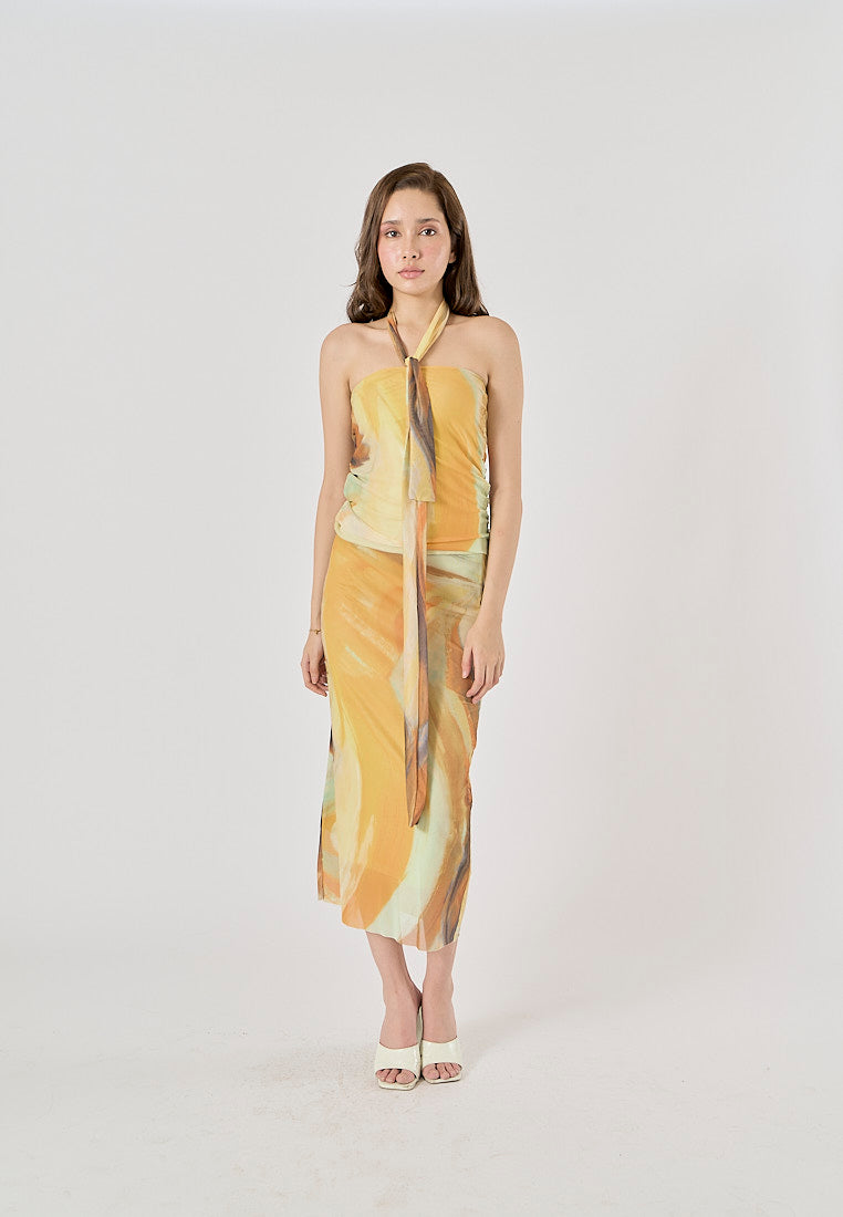 Izzy Yellow Tie-Dye Scarf Details Ruched Tube Top