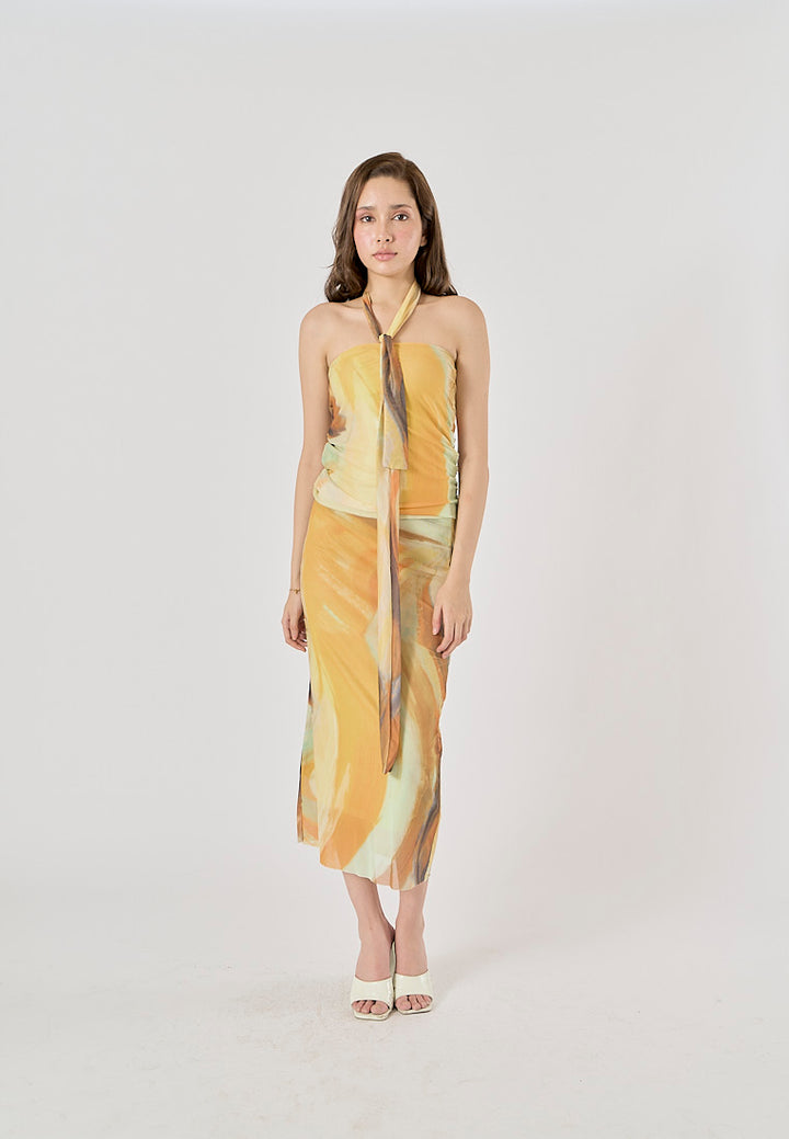 Izzy Yellow Tie-Dye Scarf Details Ruched Tube Top