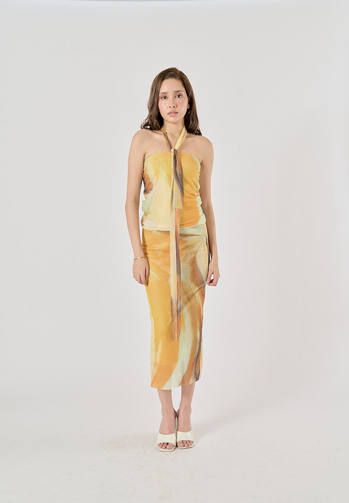Izzy Yellow Tie-Dye Scarf Details Ruched Tube Top