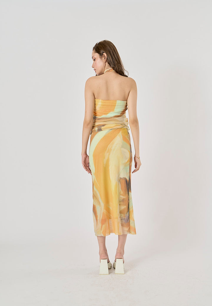 Izzy Yellow Tie-Dye Scarf Details Ruched Tube Top