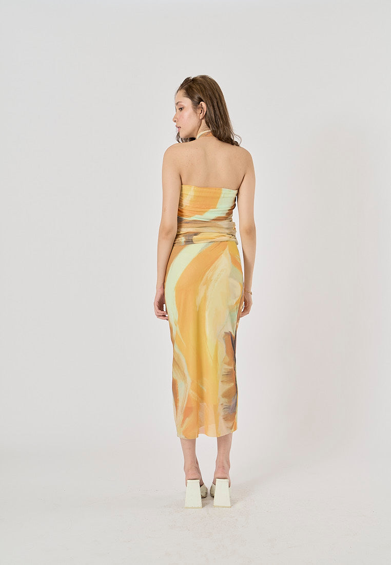Izzy Yellow Tie-Dye Scarf Details Ruched Tube Top
