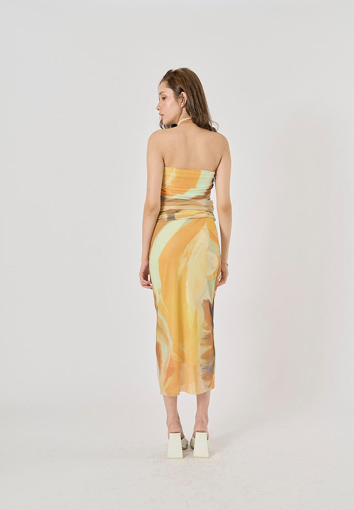 Izzy Yellow Tie-Dye Scarf Details Ruched Tube Top