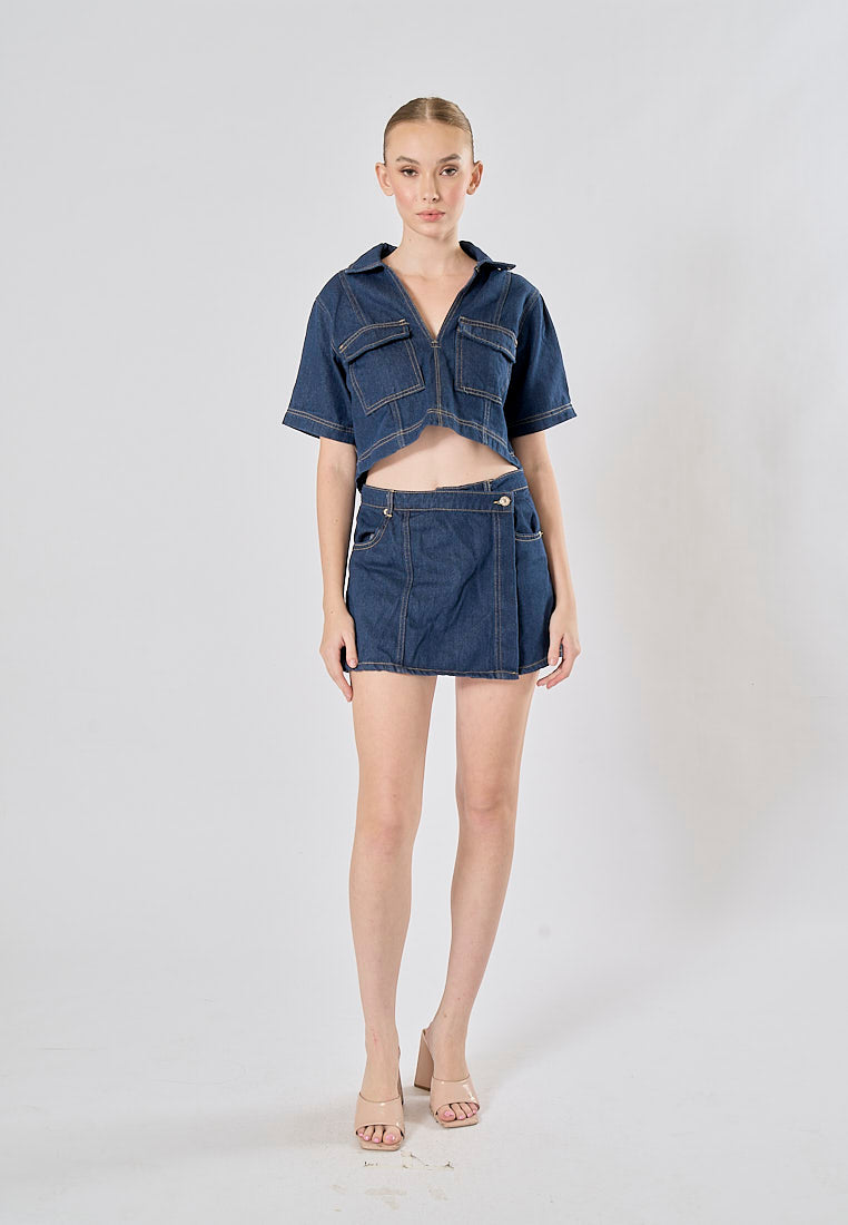 Michelin Blue Asymmetrical Design Denim Mini Skort