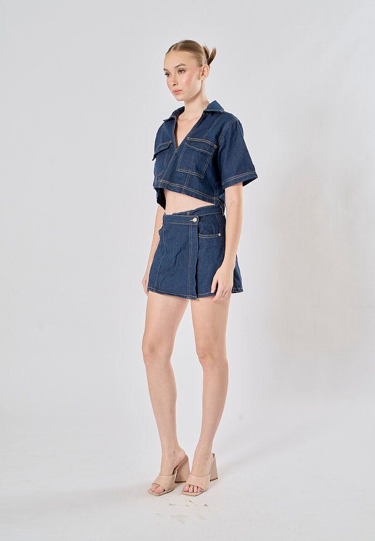 Michelin Blue Asymmetrical Design Denim Mini Skort