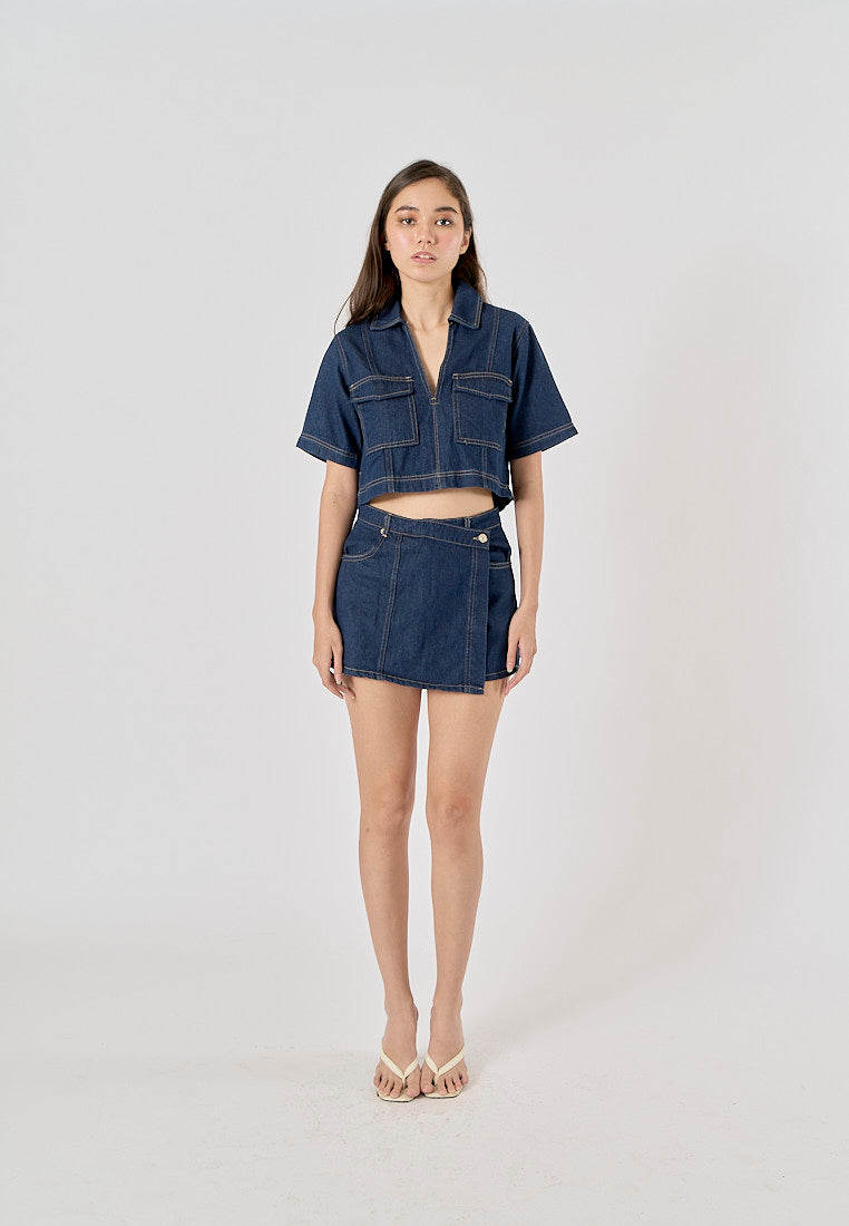 Michelin Blue Asymmetrical Design Denim Mini Skort