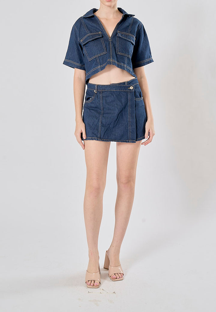 Michelin Blue Asymmetrical Design Denim Mini Skort