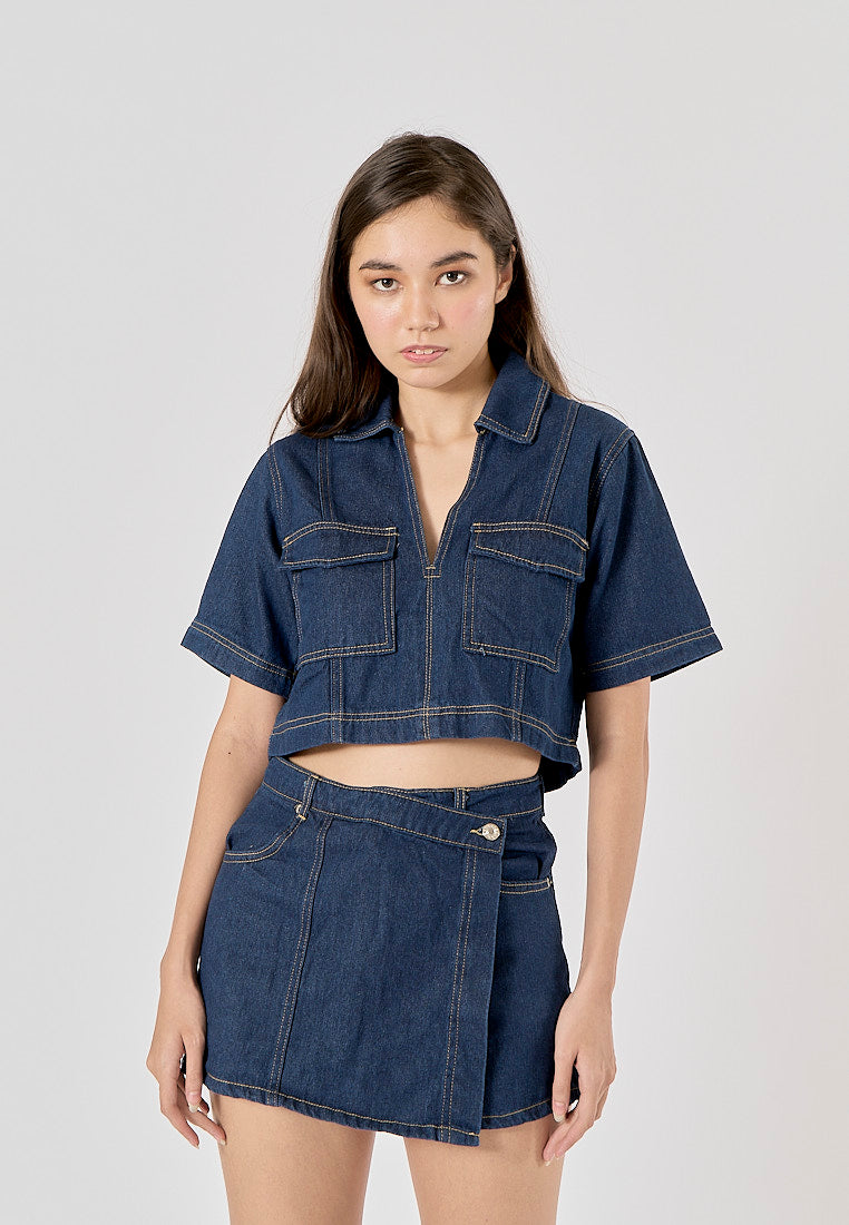 Michelin Blue Asymmetrical Design Denim Mini Skort