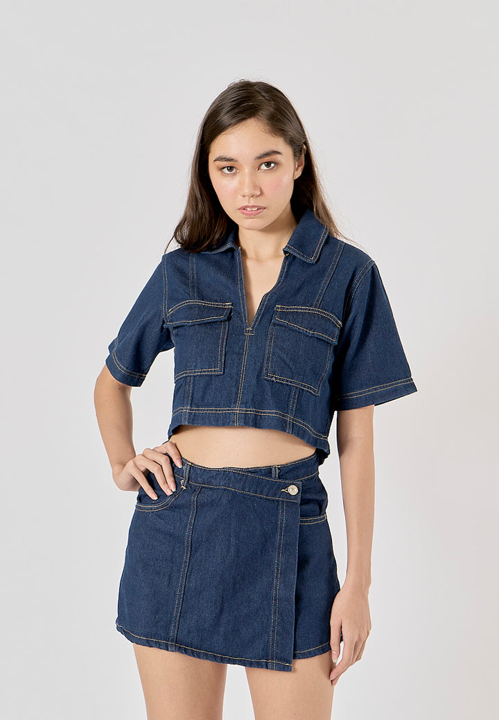 Michelin Blue Asymmetrical Design Denim Mini Skort