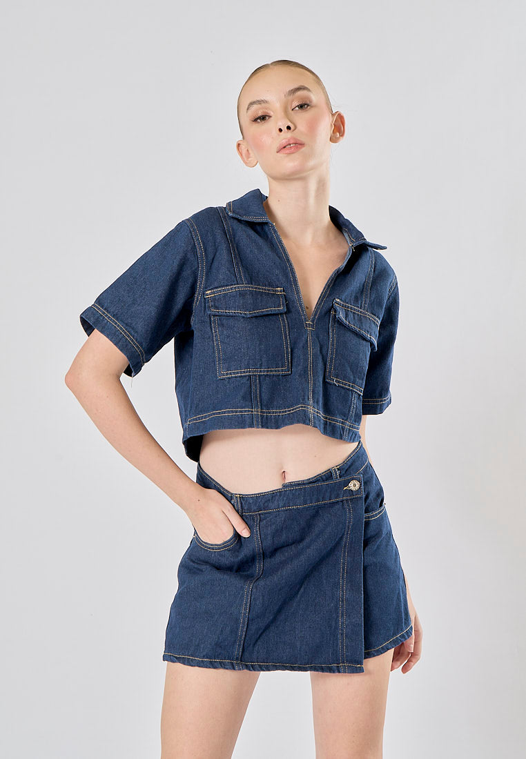 Michelin Blue Asymmetrical Design Denim Mini Skort