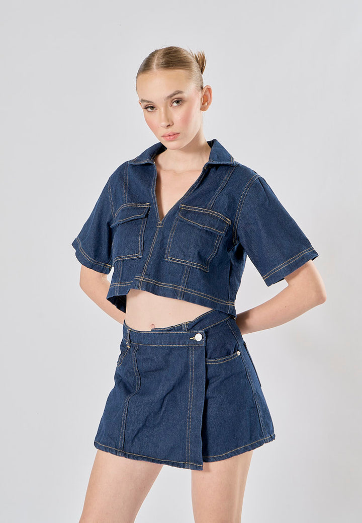Michelin Blue Asymmetrical Design Denim Mini Skort