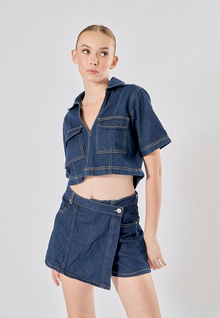 Michelin Blue Asymmetrical Design Denim Mini Skort