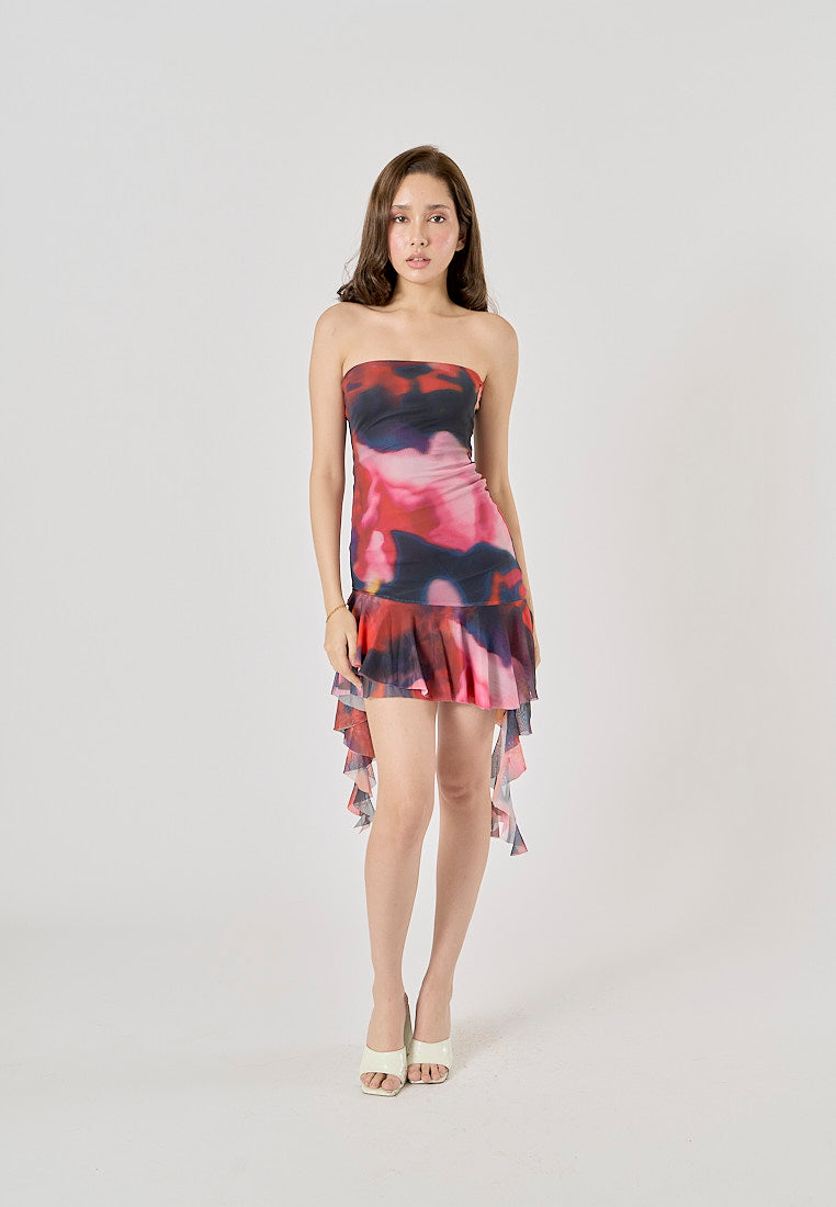 Primalia Multi Color Abstract Printed Asymmetric Ruffle Mini Dress