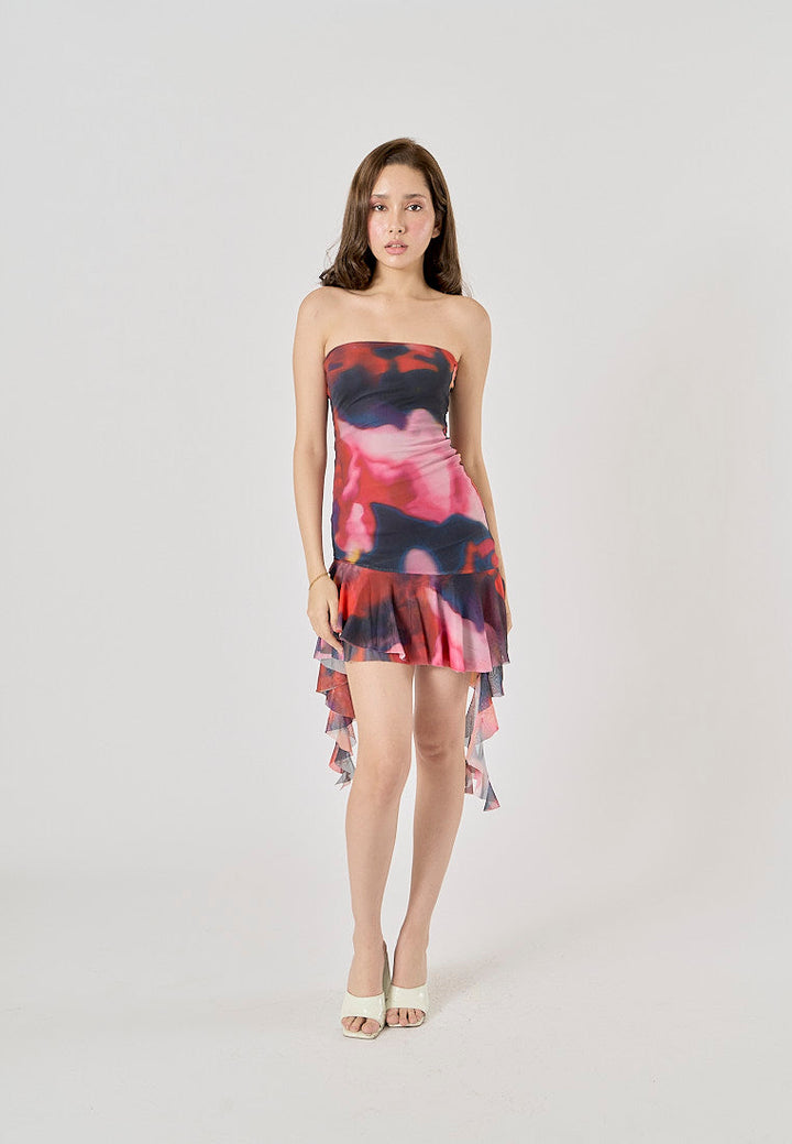 Primalia Multi Color Abstract Printed Asymmetric Ruffle Mini Dress