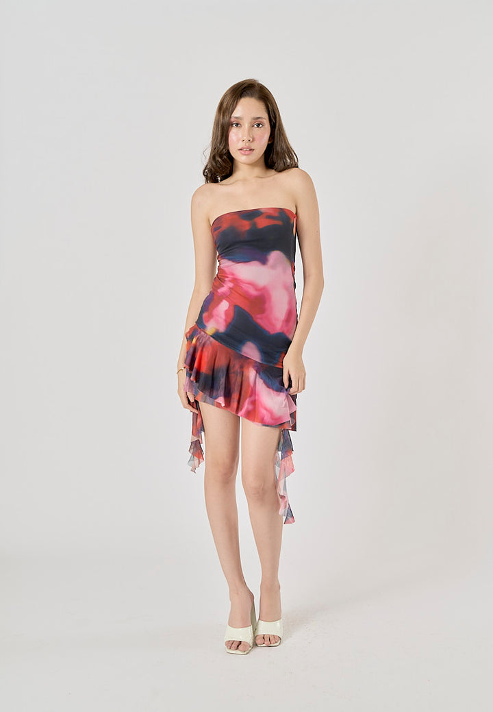Primalia Multi Color Abstract Printed Asymmetric Ruffle Mini Dress