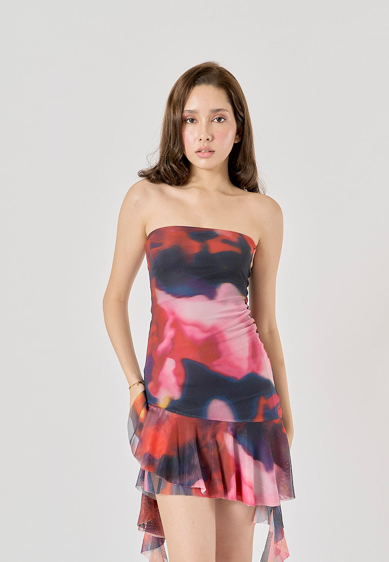 Primalia Multi Color Abstract Printed Asymmetric Ruffle Mini Dress
