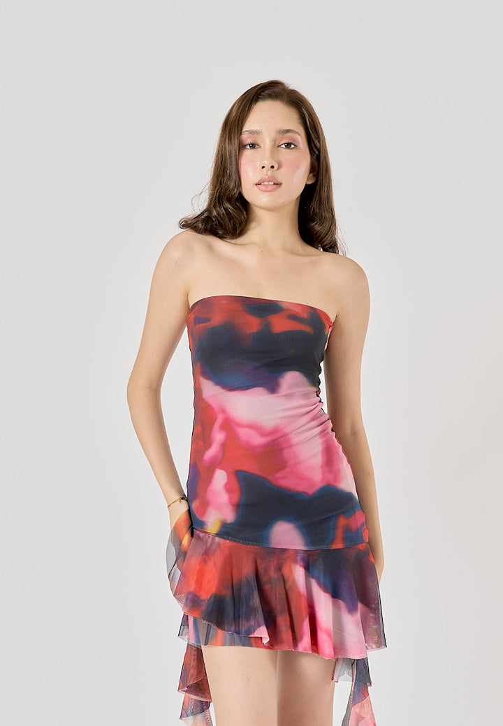 Primalia Multi Color Abstract Printed Asymmetric Ruffle Mini Dress