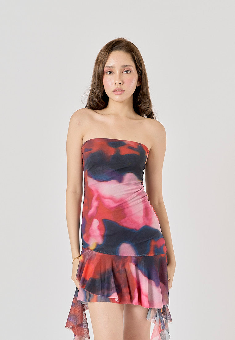 Primalia Multi Color Abstract Printed Asymmetric Ruffle Mini Dress
