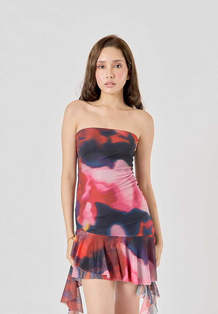 Primalia Multi Color Abstract Printed Asymmetric Ruffle Mini Dress