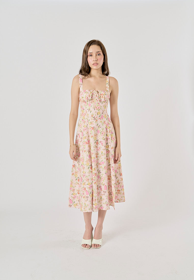 Laurestine Multi Color Floral Print Shoulder Strap Front Lace Up Maxi Dress