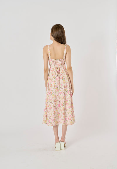 Laurestine Multi Color Floral Print Shoulder Strap Front Lace Up Maxi Dress